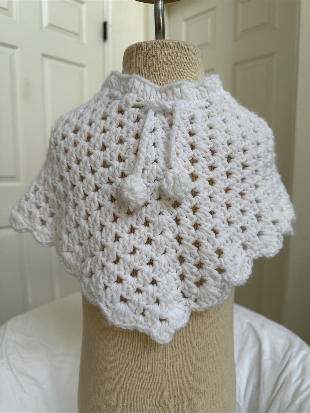 Girl’s Toddler Handmade White Crochet Granny Poncho Lacy Cape Pom Drawstring